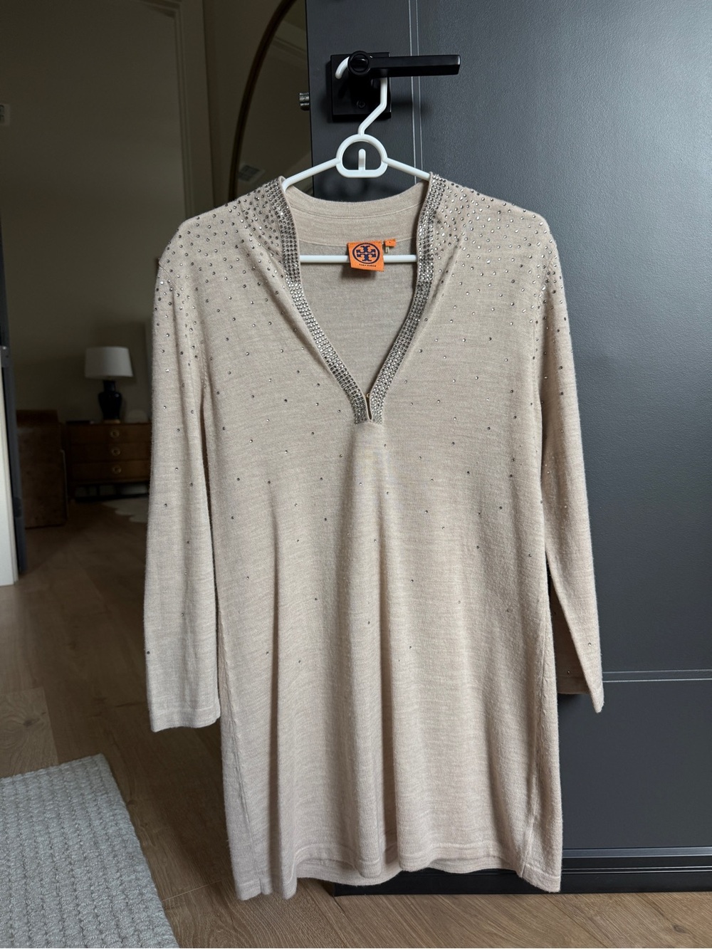 Tory Burch, beige rhinestone tunic size large